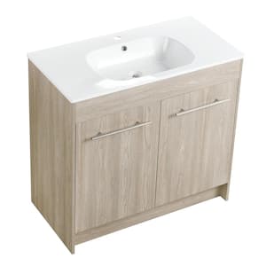 35.6 in. W x 18.1 in. D x 33.8 in. H Freestanding Bath Vanity in White Oak with White Acrylic Top, 2 Doors and Shelf