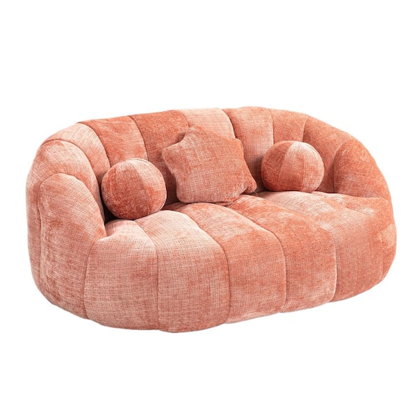 64 in. Pink Chenille 3-Seater Upholstered Oversized Loveseat Bean Bag Chair Lazy Sofa Couch with Pillows
