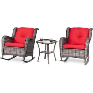 3-Piece All-Weather Wicker Outdoor Rocking Chair with Red Cushions
