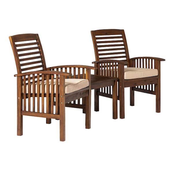 Walker Edison Furniture Company Dark Brown 3-Piece Wood Conversational Outdoor Bistro Set with Cream Cushions