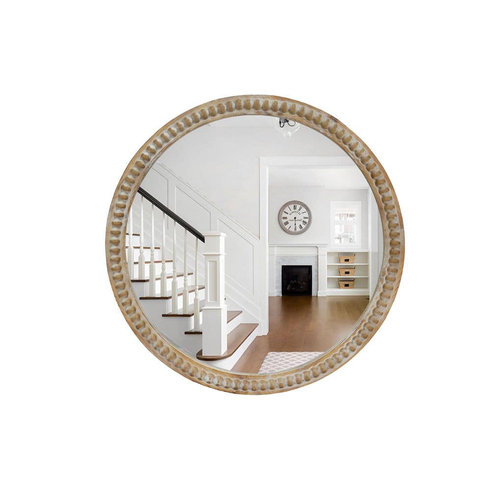 35.43 in. W x 35.43 in. H Round Distressed Wood Beaded Framed Wall Mount Bathroom Vanity Mirror in Natural Wood price history on PriceWatchPro