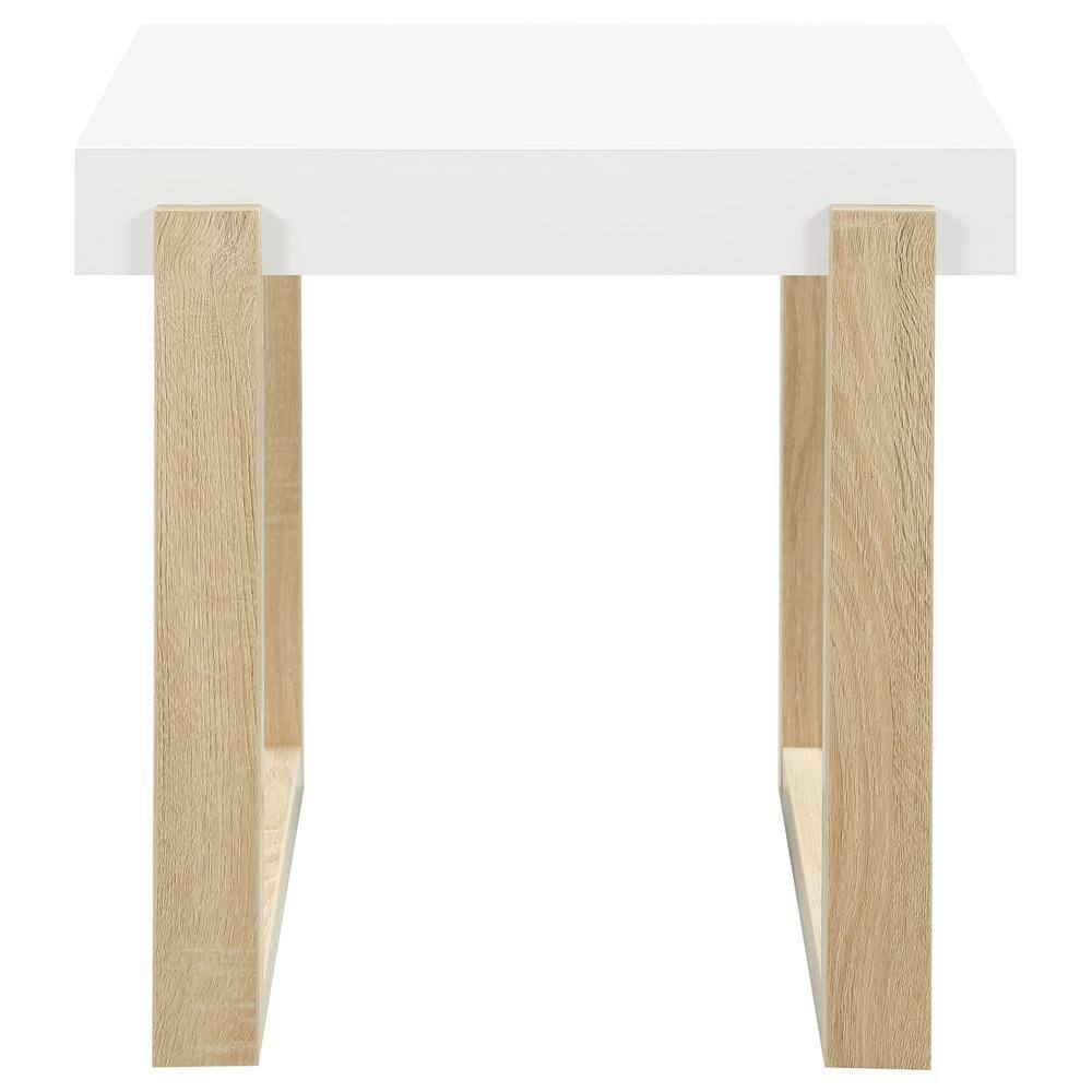 Pala White High Gloss and Natural Wood Rectangular End Table