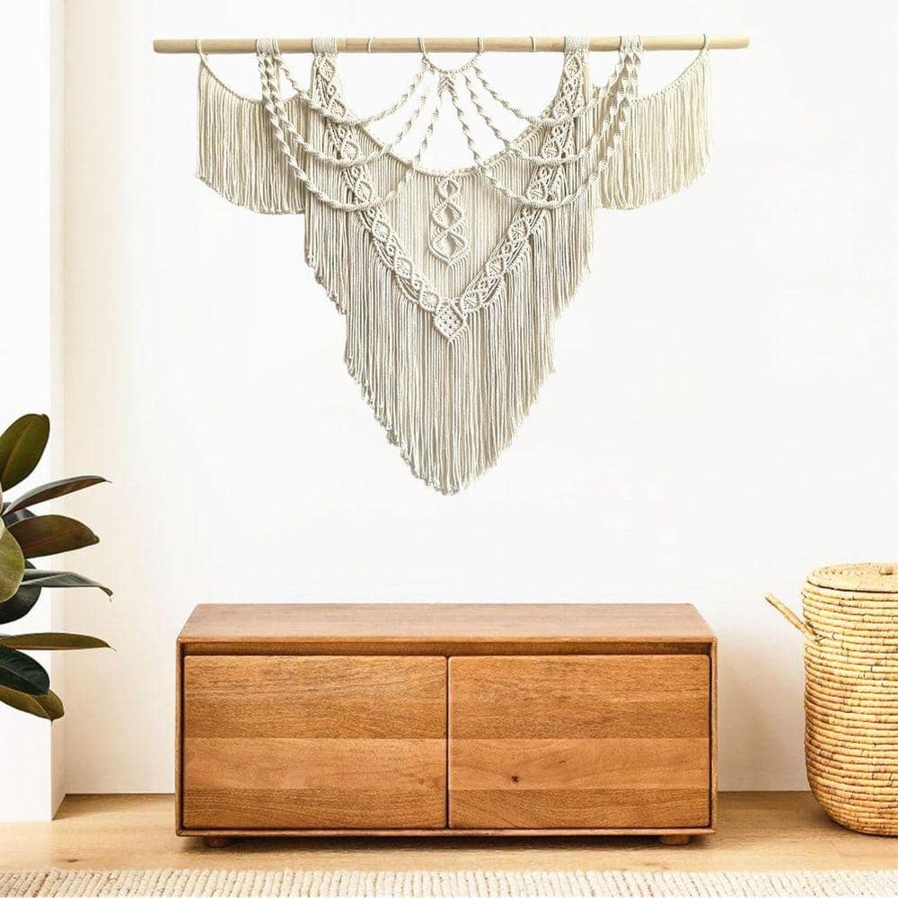 43 in. x 32 in. Beige Chic Boho Macrame Wall Hanging-Cotton Tassel