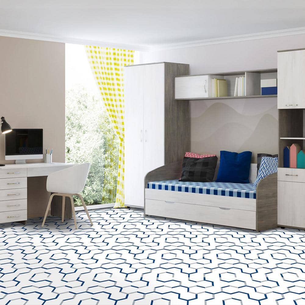 Navy and White Geometric Self-Adhesive Vinyl Floor Tiles