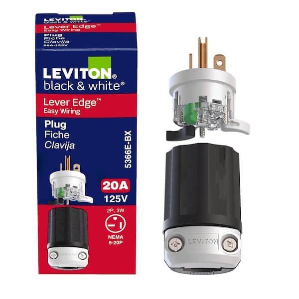 Black & White Lever Edge 20 Amp 125 Volt Straight Blade Plug, NEMA 5-20P, 2P, 3W, Industrial Grade 5366E-BX
