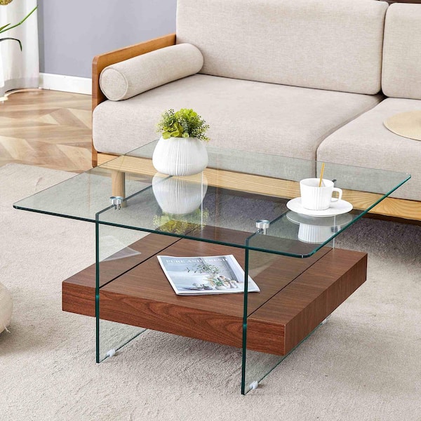 Polibi 31.4 in. Transparent, Wood Square Glass Coffee Table with Shelves