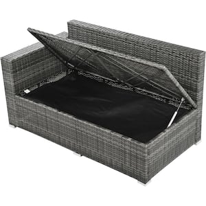 Grey 6-Piece All Weather PE Rattan Patio Conversation Set with Beige Cushion and Storage Boxand Tempered Glass Top Table