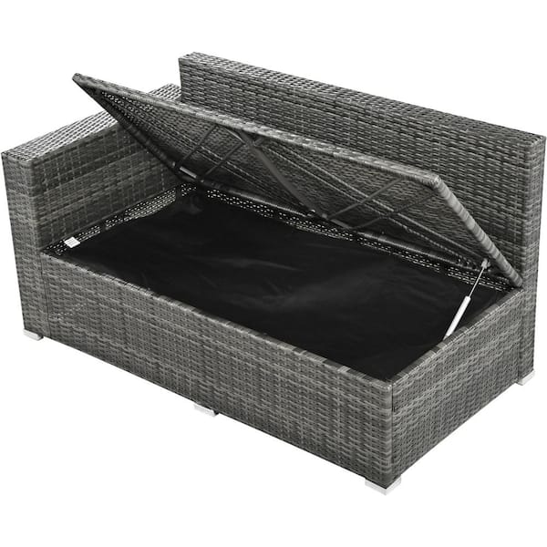 Grey 6-Piece All Weather PE Rattan Patio Conversation Set with Beige Cushion and Storage Boxand Tempered Glass Top Table