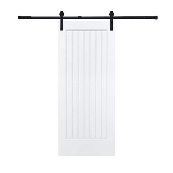 Modern 7-Panel 32 in. x 96 in. MDF White Barn Sliding Door with Hardware Kit