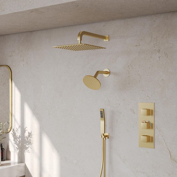 GRANDJOY 12 and 6 in. Thermostatic 5-Spray Wall-Mount Dual Fixed and Handheld Shower Head 1.8 GPM in Brushed Gold with Valve