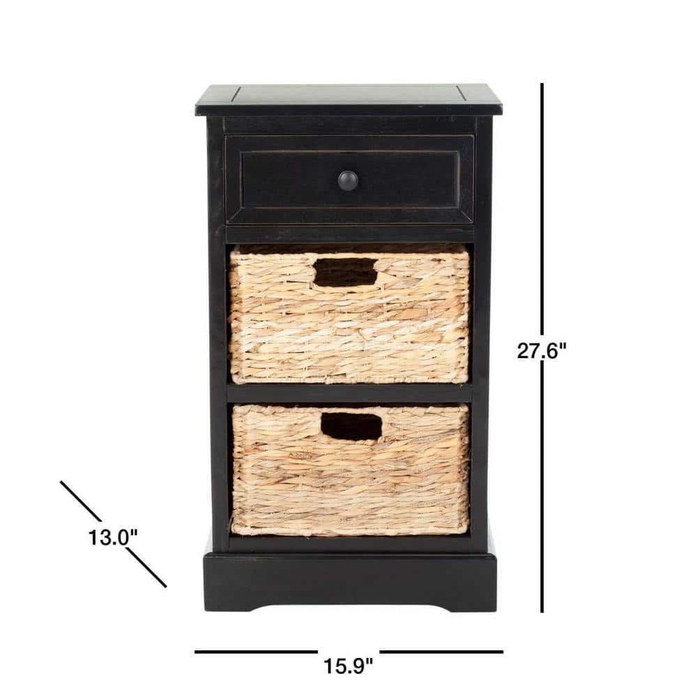 Distressed Black Pine Side Table with Wicker Storage