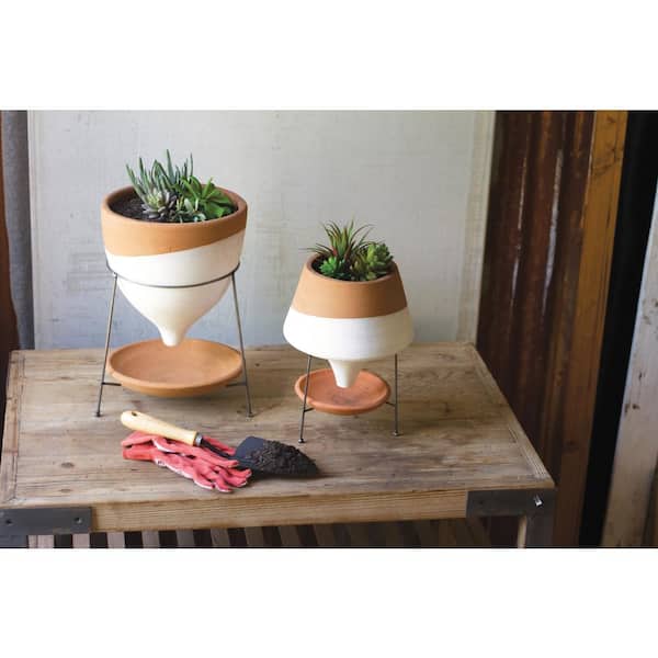 Unbranded White and Terracotta Clay Large Funnel Planter with Wire Base