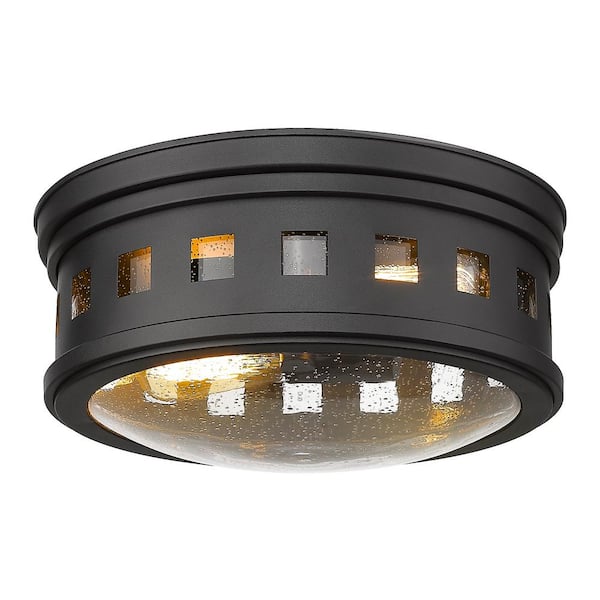 JAZAVA 10.6 in. 2-Light Black Transitional Flush Mount with Clear Seeded Glass Shade and No Bulbs Included