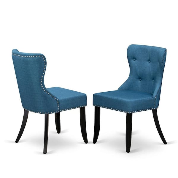 Black, Parson Dining Room Chairs - Button Tufted Nailhead Trim Blue Linen Fabric Upholstered Chairs, Set Of 2