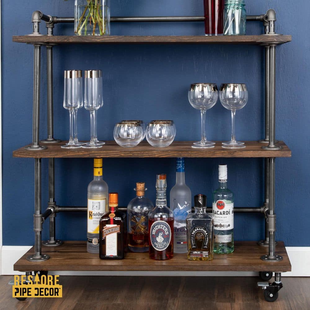 Trail Brown Industrial Wood and Steel 3-Tier Bar Cart with Wheels