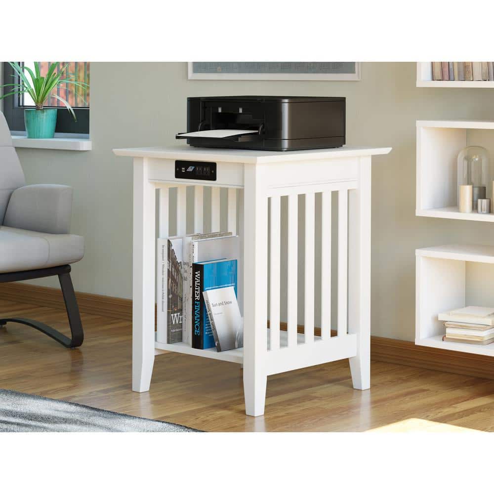 White Solid Hardwood Mission Printer Stand with Charger