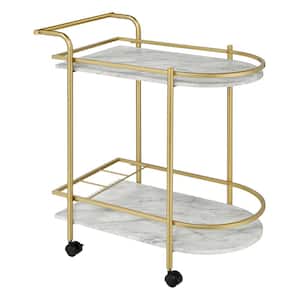 Desiree Gold and White Faux Marble Bar Cart with Casters