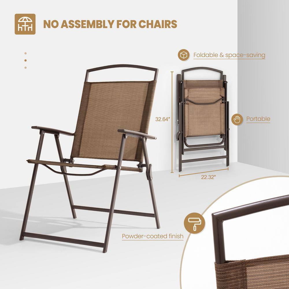 6-Piece Brown Steel Patio Dining Set with Tempered Glass Table and Umbrella
