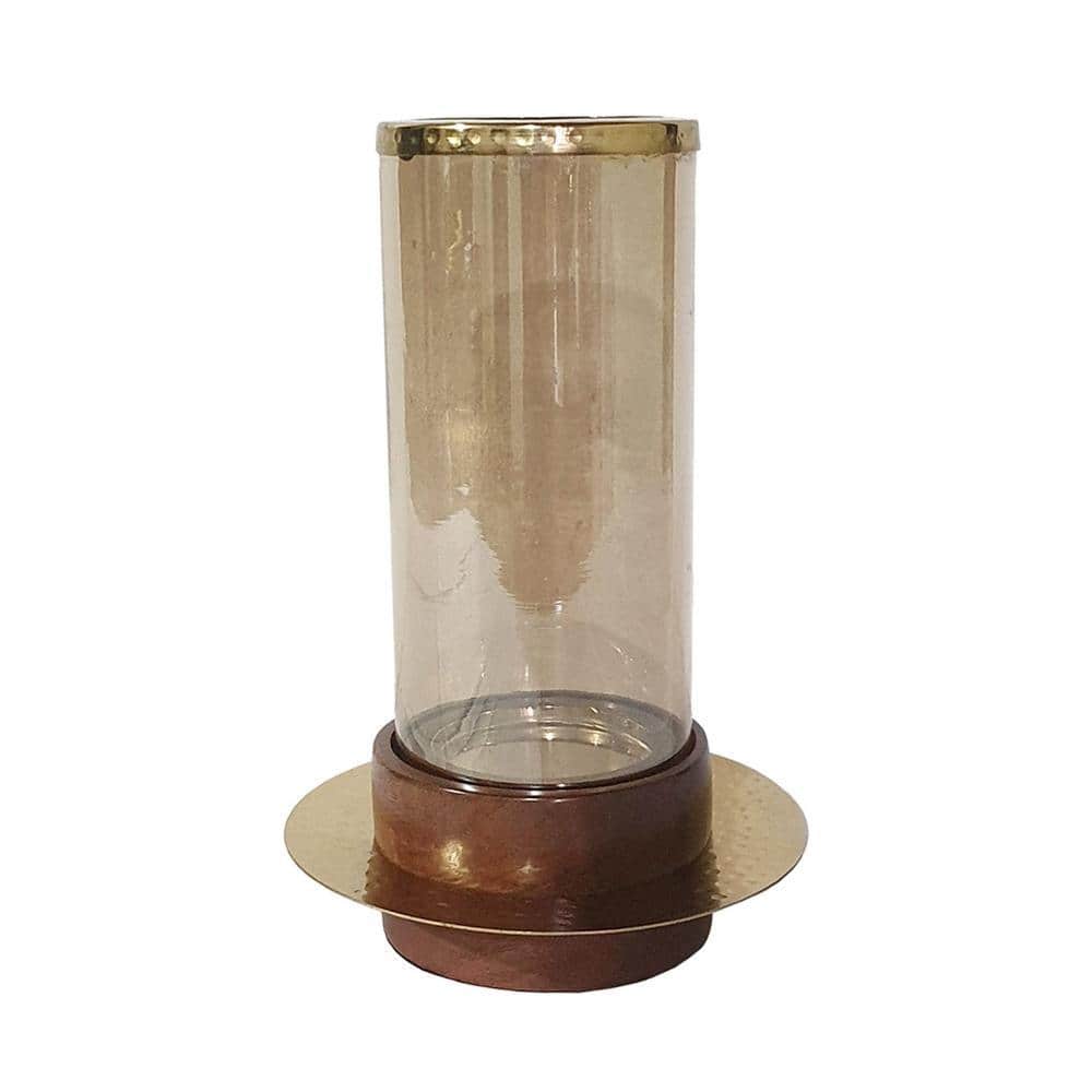 Vintage Acacia Wood Base Glass Hurricane Candle Holder, 11"