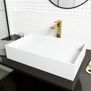 Matte Stone Bryant Composite Rectangular Vessel Bathroom Sink in White with Norfolk Faucet and Drain in Matte Gold