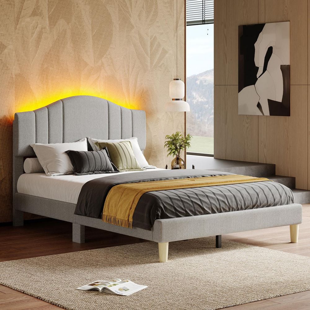 PINMOCO Gray Wood Frame Full Upholstered Platform Bed