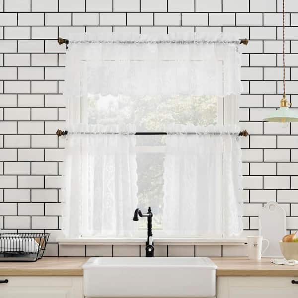 Ariella Floral Lace White Polyester 58 in. W x 36 in. L Rod Pocket Sheer Curtain Tier Pair for Kitchens (Set of 2)