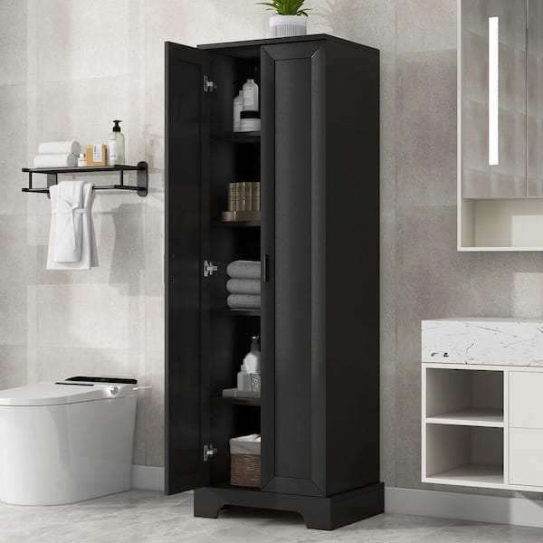 16.9 in. W x 22.1 in. D x 71.2 in. H Black Wood Freestanding Storage Linen Cabinet with 2-Door and Adjustable Shelves