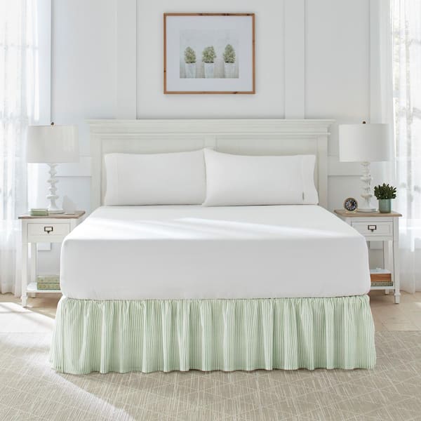 Laura Ashley Classic Ticking Stripe Green Cotton Queen 15 in. Drop