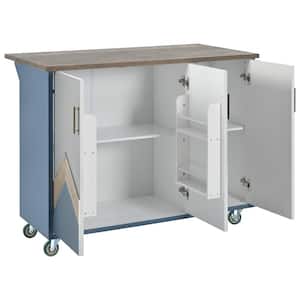 Navy Blue MDF Kitchen Cart with Drop-Leaf Tabletop, Door Internal Storage Racks, 4 Wheels, Mountain Peaks Design