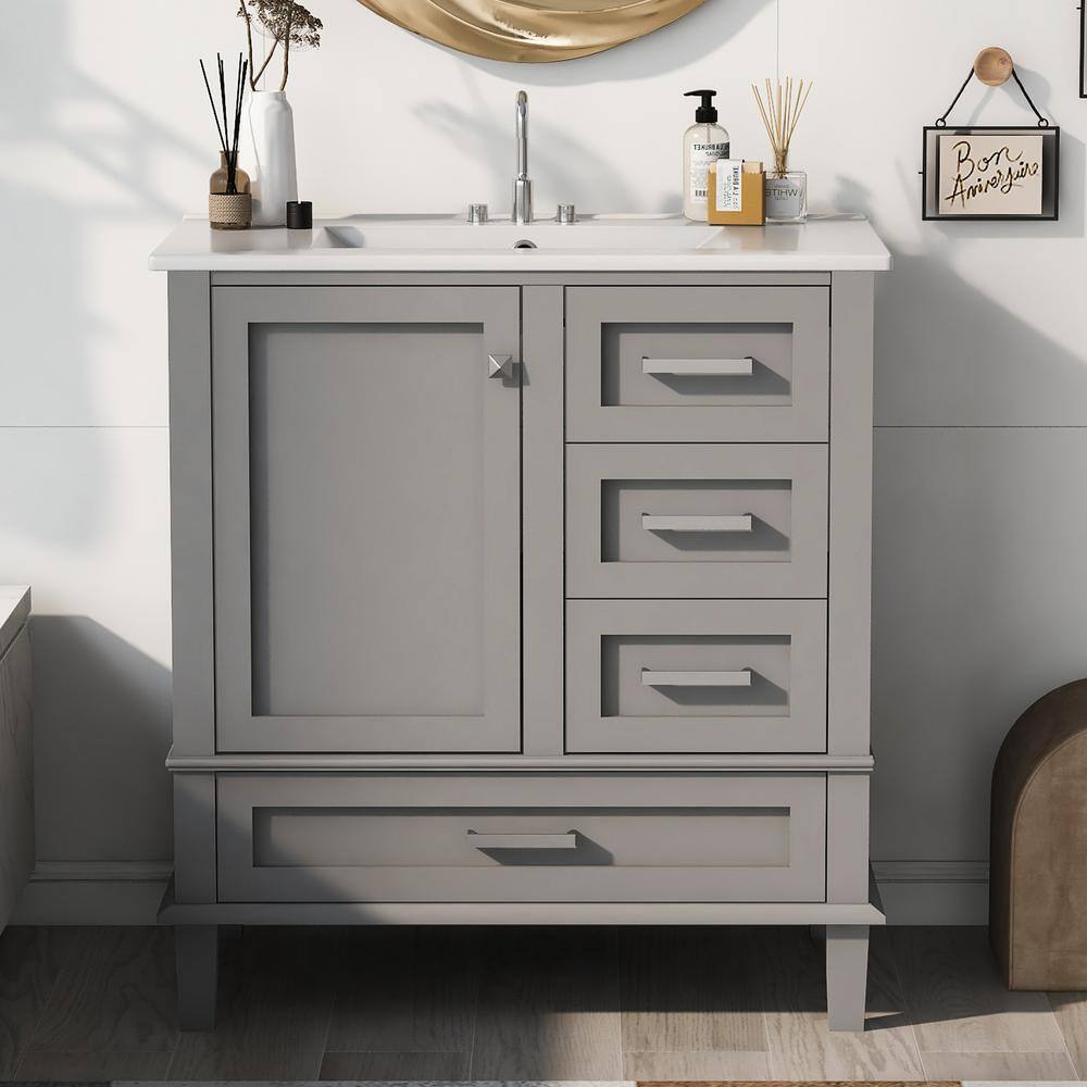30 in. Grey MDF Freestanding Single Sink Bath Vanity with White Ceramic Top