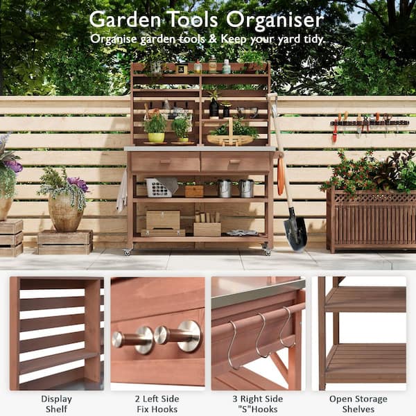 Unbranded - 47.5 in. W x 64.9 in. H Brown Potting Bench with Stainless Steel Top, Lockable Wheels and Drawers (52 in. Pack Length)