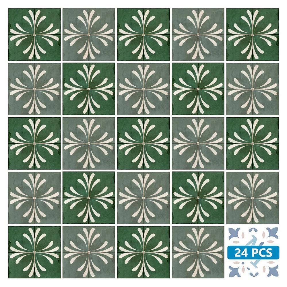 Green and White Vinyl Peel and Stick Backsplash Tiles, 8x8-inch