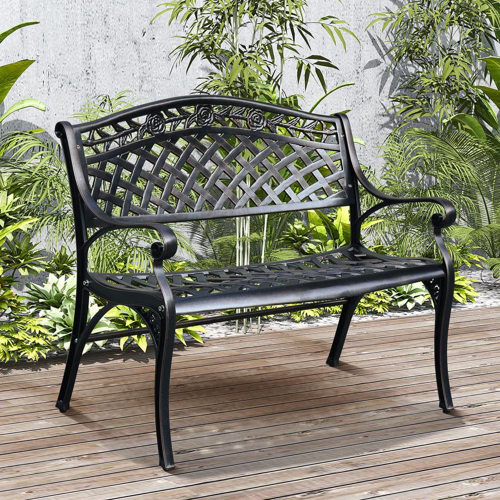 DEXTRUS 2 Person 37 in. Black Cast Aluminum Outdoor Bench HDPB0006693AV The Home Depot