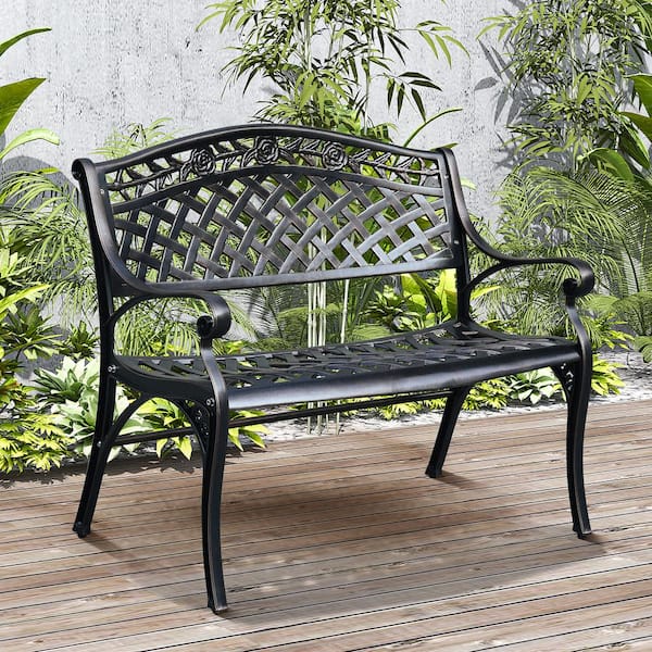 DEXTRUS 2-Person 37 In. Black Cast Aluminum Outdoor Bench HDPB0006693AV ...