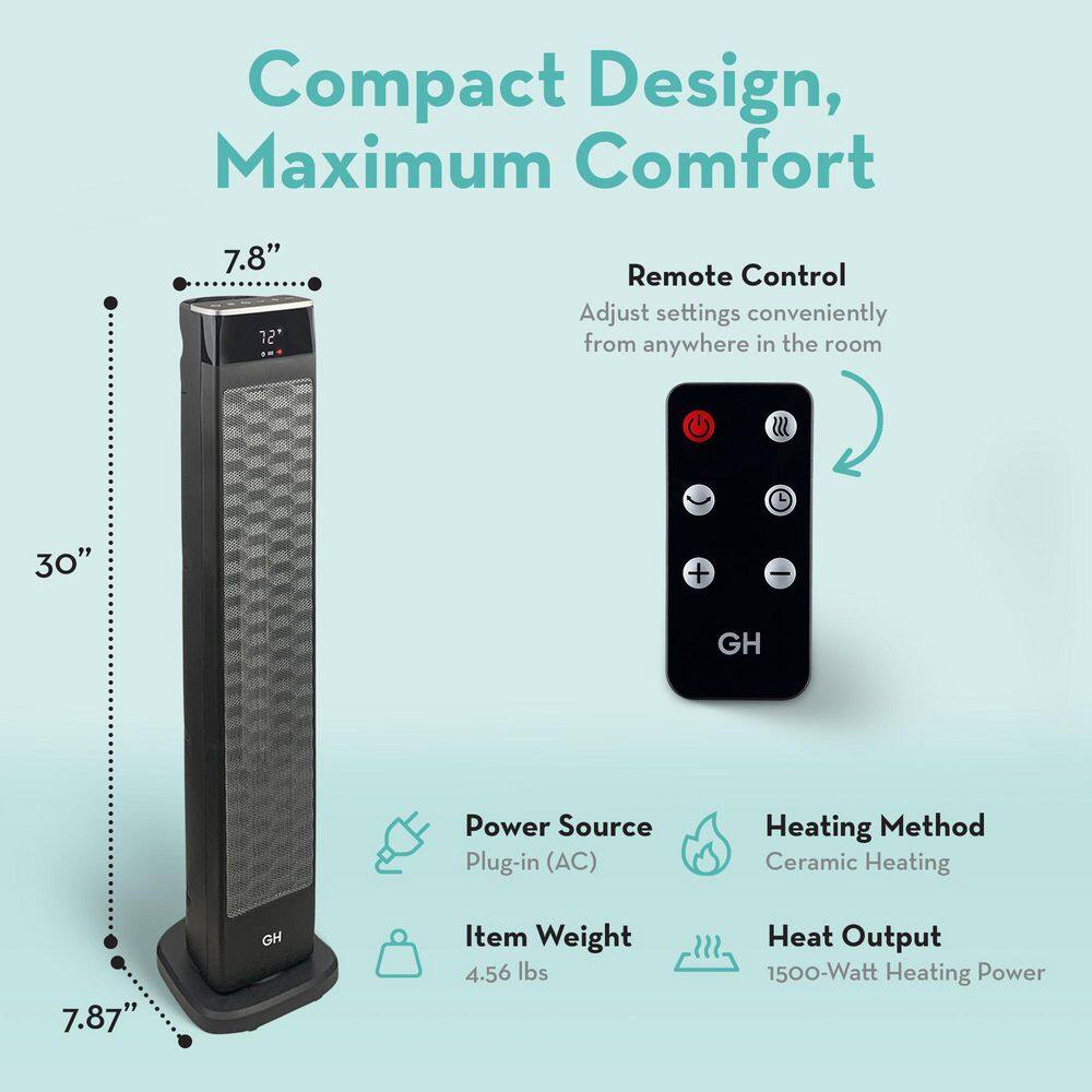 30-Inch Black Ceramic Electric Tower Heater with Thermostat