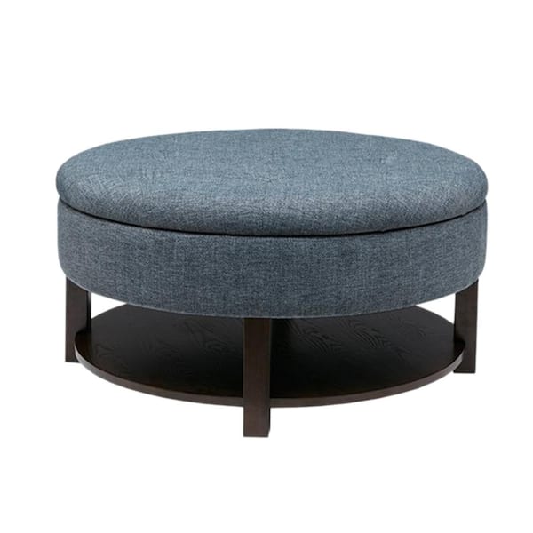 Madison Park Javier Denim/Brown Fabric Round Storage Ottoman