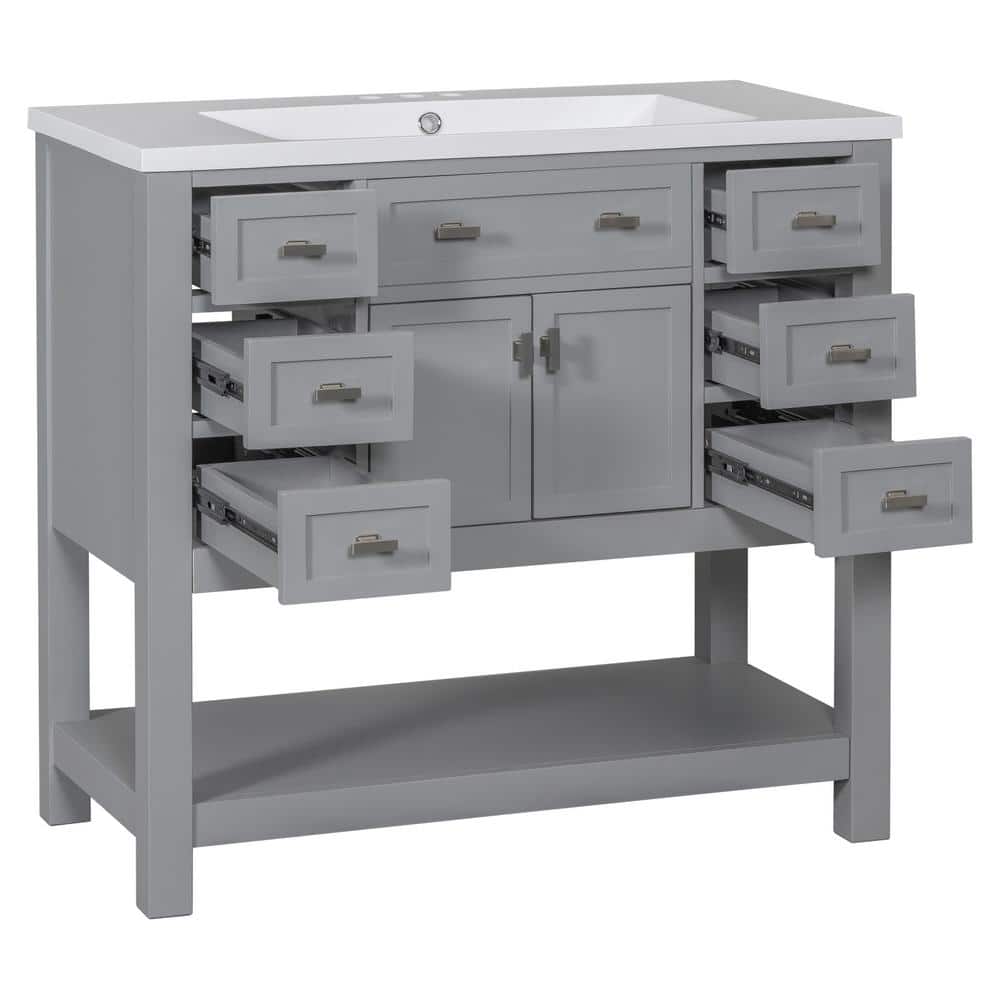 35.2 in. W x 18 in. D x 34.1 in. H Freestanding Bath Vanity in Gray w White