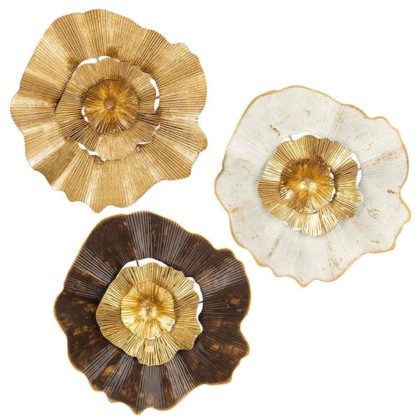 Unbranded 3 Pack 11.8 in x 11.4 in x 0.2 in Gold Wall Decor Metal Work Flower Plate Wall Art For Home Office Bedroom