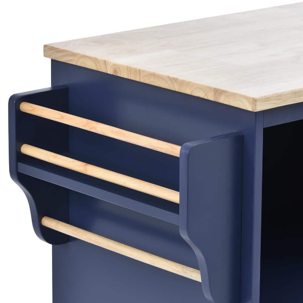 Dark Blue Wood Kitchen Cart with Spice Rack and Storage