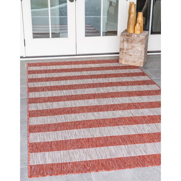 Outdoor Distressed Stripe Rust Red 6 ft. x 9 ft. Area Rug