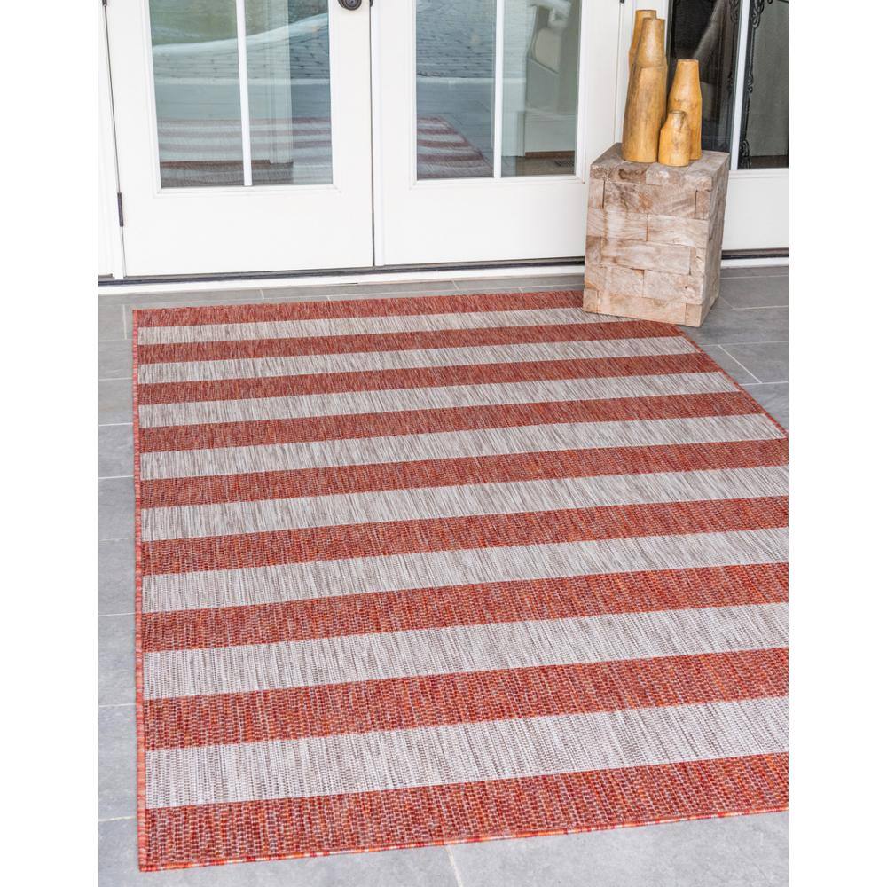 Rustic Stripe Rust Red & Gray 4' x 6' Outdoor Rug