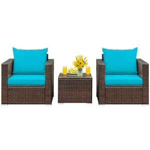 3-Piece Wicker Patio Conversation Set Rattan Furniture Set with Turquoise Cushions