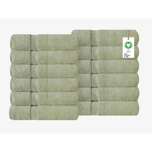Delara Feather Touch Quick Dry Pack of 12 Green Tint Solid 100% Organic Cotton 650 GSM Hand Towel