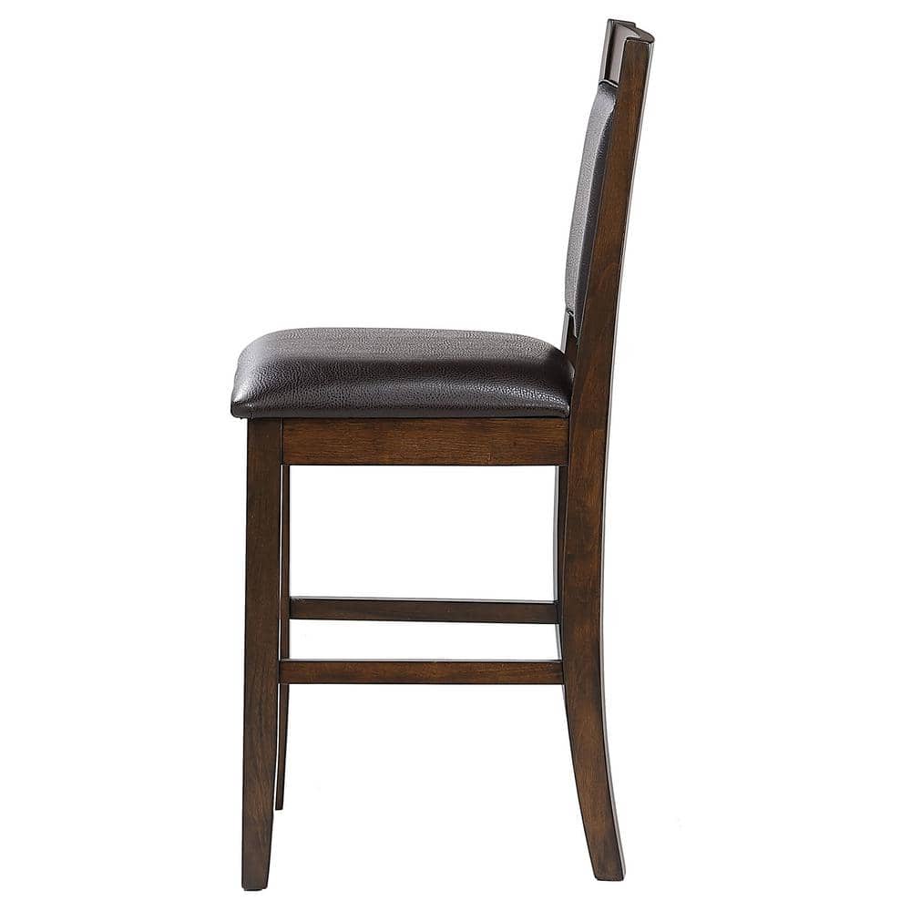 Side profile of a brown wood counter height stool.