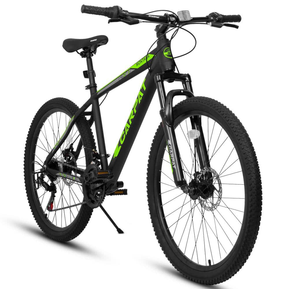 26 in. Wheels Mountain Bike Carbon Steel Frame Disc Brakes Thumb Shifter Front Fork Bicycles, Green
