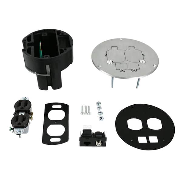 Legrand Wiremold Dual Service Floor Box Kit with Duplex Receptacle and one RJ45 Cat 5e Jack, Coax F Connector, Aluminum