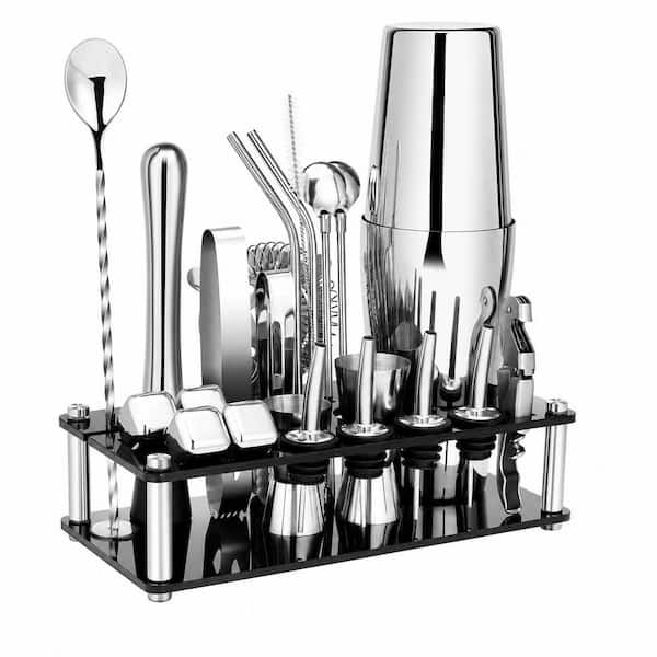 23-Piece Silver Stainless Steel Cocktail Shaker Set with Acrylic Stand and Recipe Booklet
