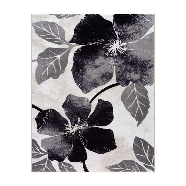 Black/Grey 8 ft. x 10 ft. Non Skid Floral Area Rug