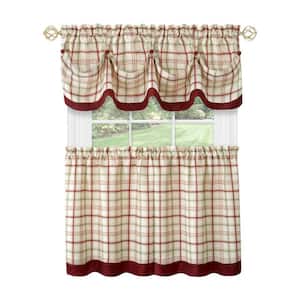 Tattersall Burgundy Polyester Light Filtering Rod Pocket Tier and Valance Curtain Set 58 in. W x 24 in. L