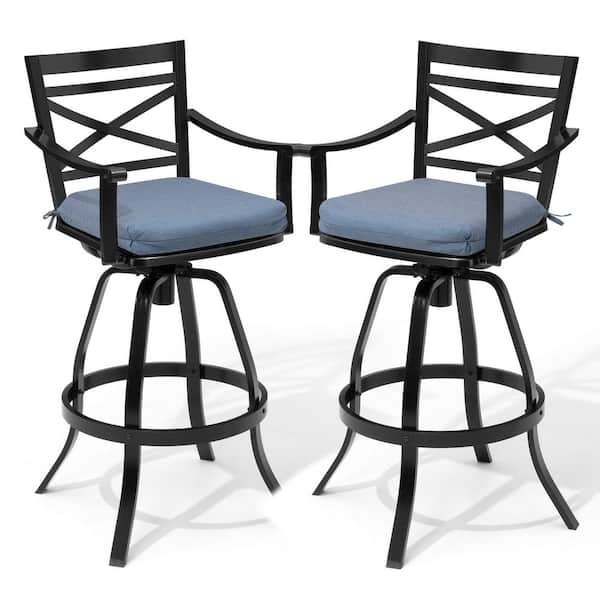 Swivel Cast Aluminum Outdoor Bar Stool with Sunbrella Blue Cushion (2-Pack)